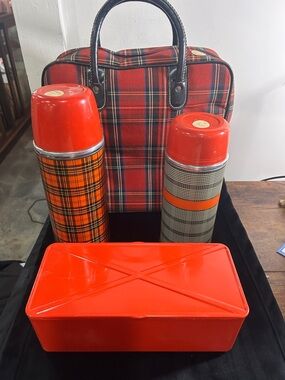 Red Plaid Picnic Thermos Set with Bright Red Accessories